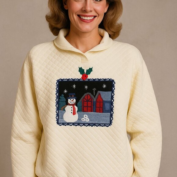 Vintage Jantzen Quilted Snowman Graphic Print Sweater Large White Ugly Sweater - Picture 1 of 9